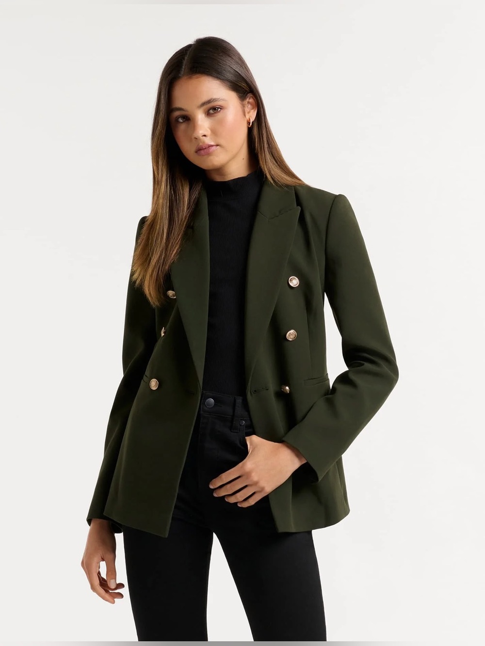 Ever New Molly Button Blazer - Double-Breasted Olive Blazer with Gold Buttons